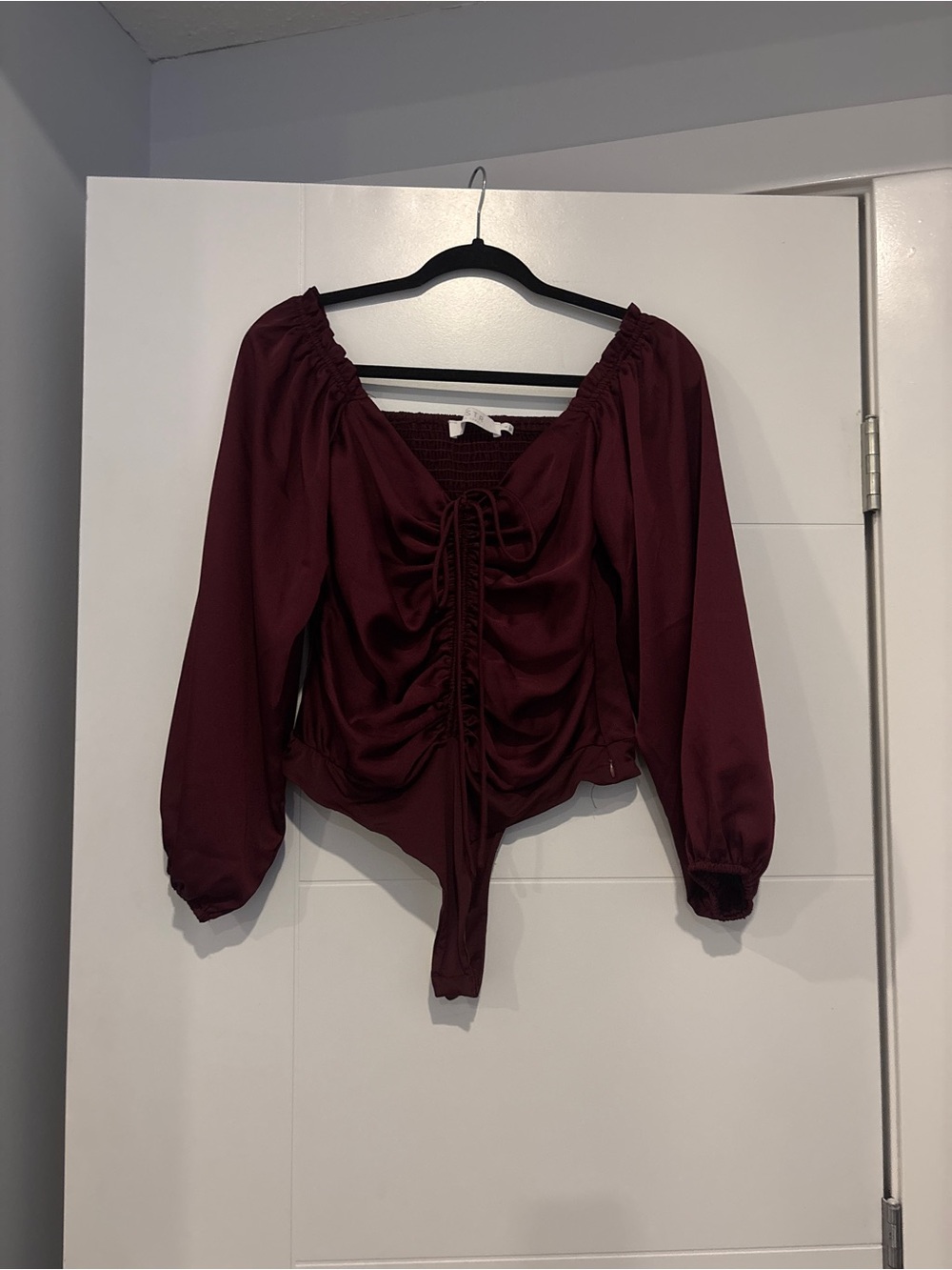 Astr Burgundy Ruched Off-Shoulder Long Sleeve Bodysuit